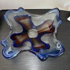 Vintage Murano-Style Cobalt Blue with Red Art Glass Wave Ruffle Bowl 11"